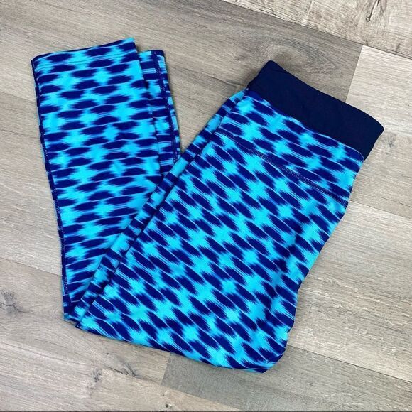 NIKE Relay Print Dri-Fit Capri Running Tights Blue Aqua Medium Fold Over - Picture 2 of 11